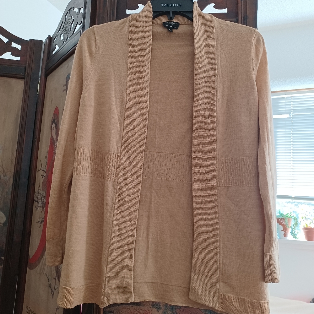 Talbot's women's flyaway cardigan. Pure merino wool. Oatmeal color. Petite small